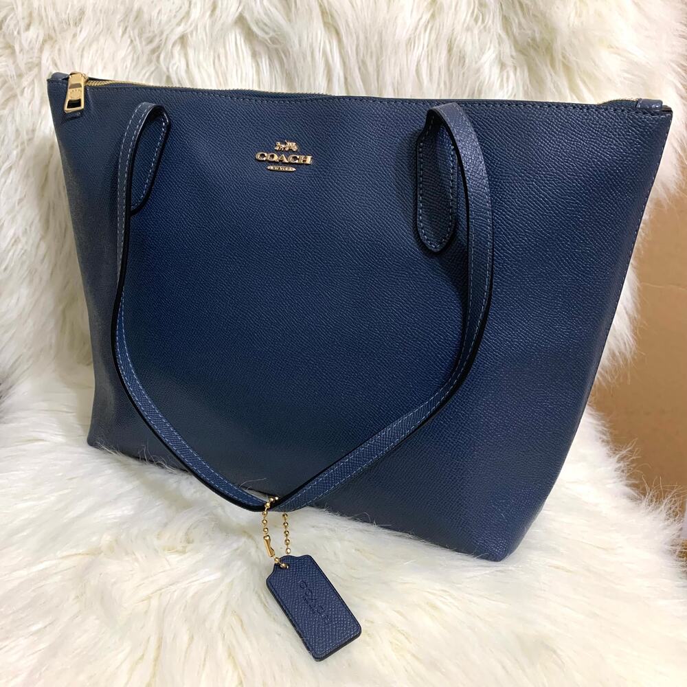 COACH Stone Blue Denim Blue Crossgrain Leather Zip Top Gallery City Tote #4454